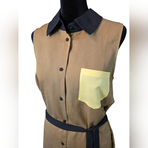 Kensie Sleeveless Shirt Dress Size M Brown Black Yellow Pocket Belted Colorblock - Picture 2 of 6